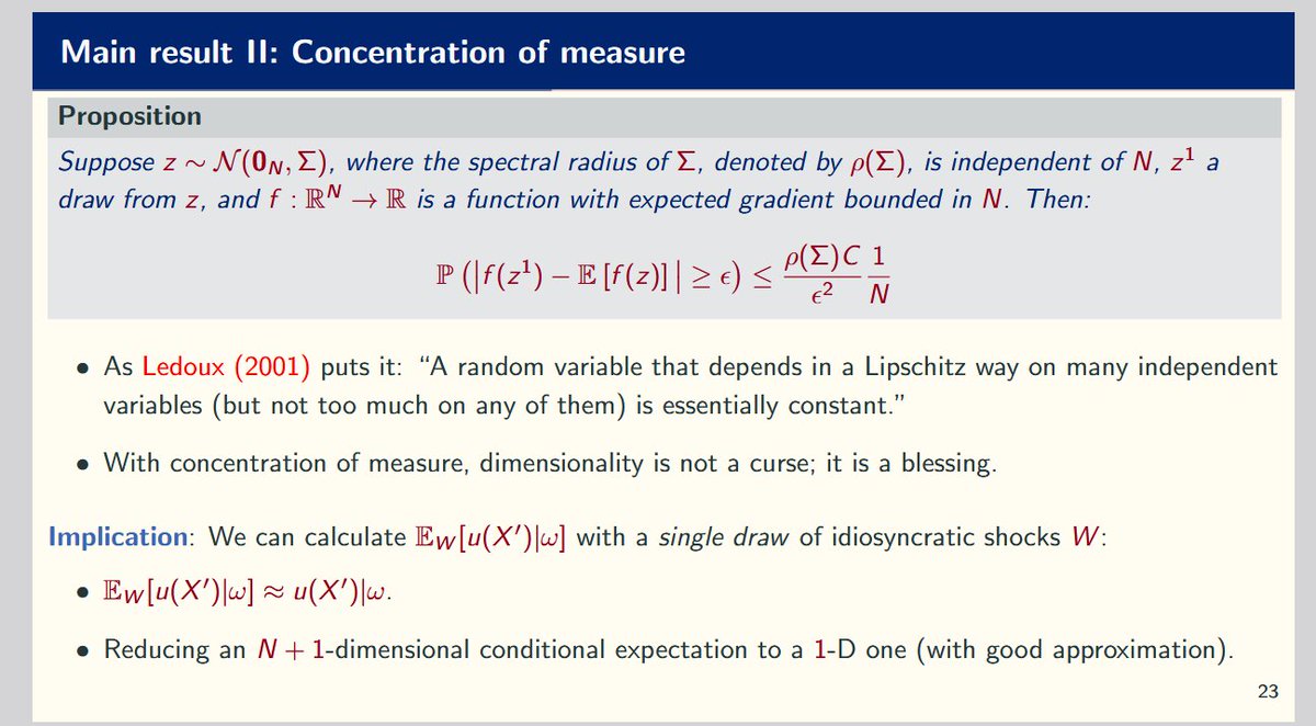 MahdiKahou's tweet image. 1) Great, I will soon write about the case of dimensions ~100 and above: think of a spatial or trade model with a finite but large number of agents, subject to one or two aggregate shocks. 
For now: the key is concentration of measures.
source: mekahou.github.io/docs/Papers/sy…
