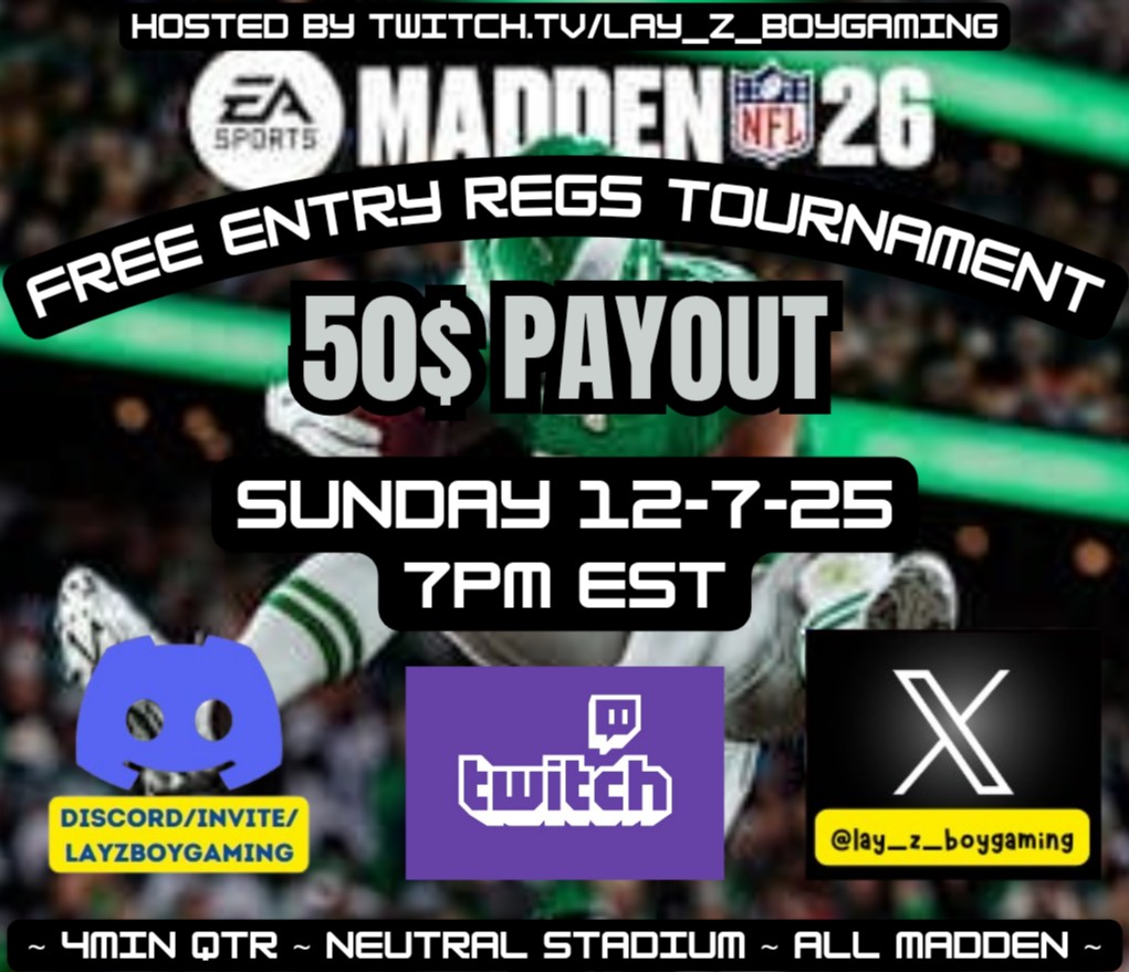 WE ARE BACK! W tourneys this week so far running it back tonight 7pm EST! FREE ENTRY <a href="/EAMaddenNFL/">Madden NFL 26</a> regs. 

Wed 🏆 blurrycobra
Thur 🏆 neighbor
Sat   🏆 blurrycobra