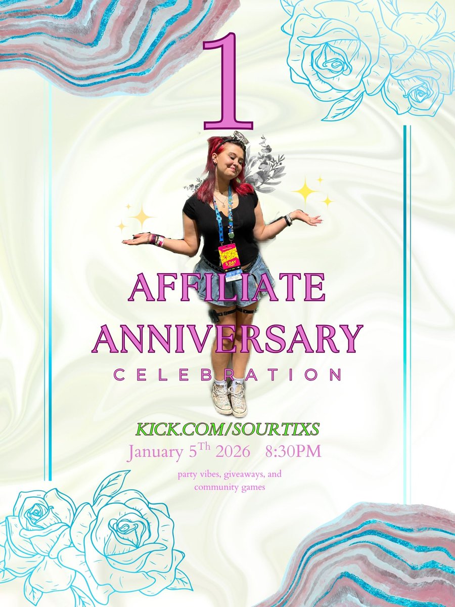 On January 5th I will be having a celebration stream for my 1 year AFFILIATE ANNIVERSARY! Im super proud of myself and im ALMOST AT 1K FOLLOWS 🤩  There will be games, giveaways, music, dancing, and incentives! im so excited and cant wait to celebrate with everyone!