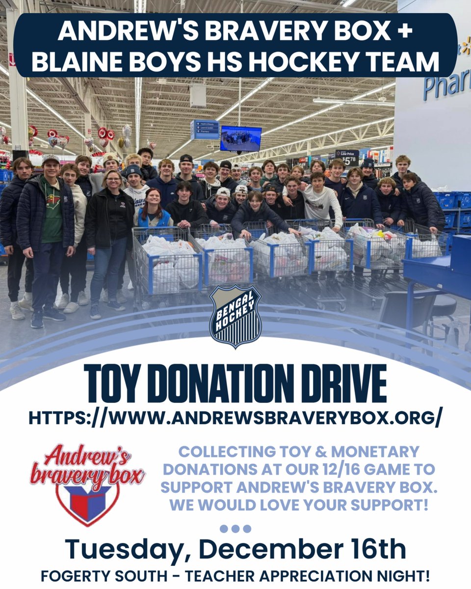 🎁 Toy &amp; Monetary Donations Drive 🎁

At our December 16th game, we’ll be collecting donations to support Andrew’s Bravery Box.

💵 All monetary donations will go directly toward our team purchasing toys for Andrew’s Bravery Box.