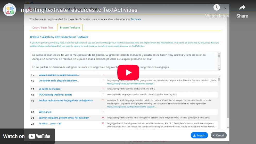 TextActivities's tweet image. 🎞️ TextActivities VIDEO TUTORIALS 👇👇👇
🔗 textactivities.posthaven.com/video-tutorial… 
1. Creating a resource
2. Importing from @textivate 
3. Setting up classes &amp;amp; student accounts
4. Introduction to assignments
#mfltwitterati #mflchat #flteach #langchat