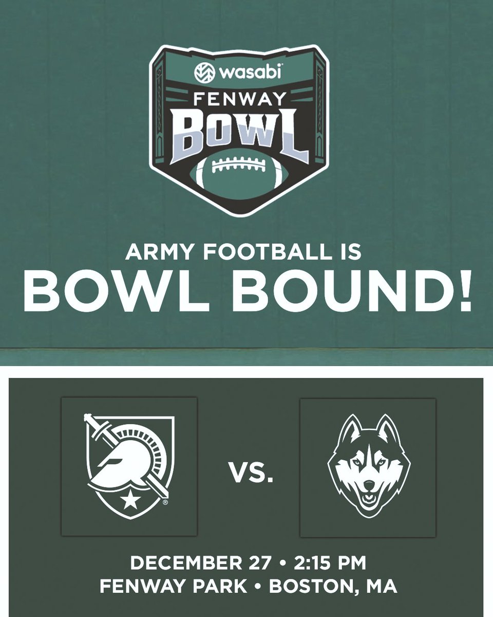 We'll be marching up to Boston on Dec. 27!

<a href="/FenwayBowl/">Wasabi Fenway Bowl</a>
🆚 UConn Huskies
⏰ 2:15 PM
📺 ESPN
🏟️ <a href="/fenwaypark/">Fenway Park</a>

#GoArmy