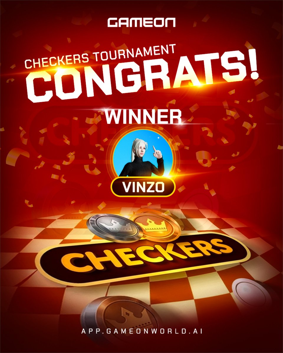 Congrats to the checkers tournament winner who won 10$ worth #gameon chips!  

Remarks - Gameon means real rewards / real cash prizes!
