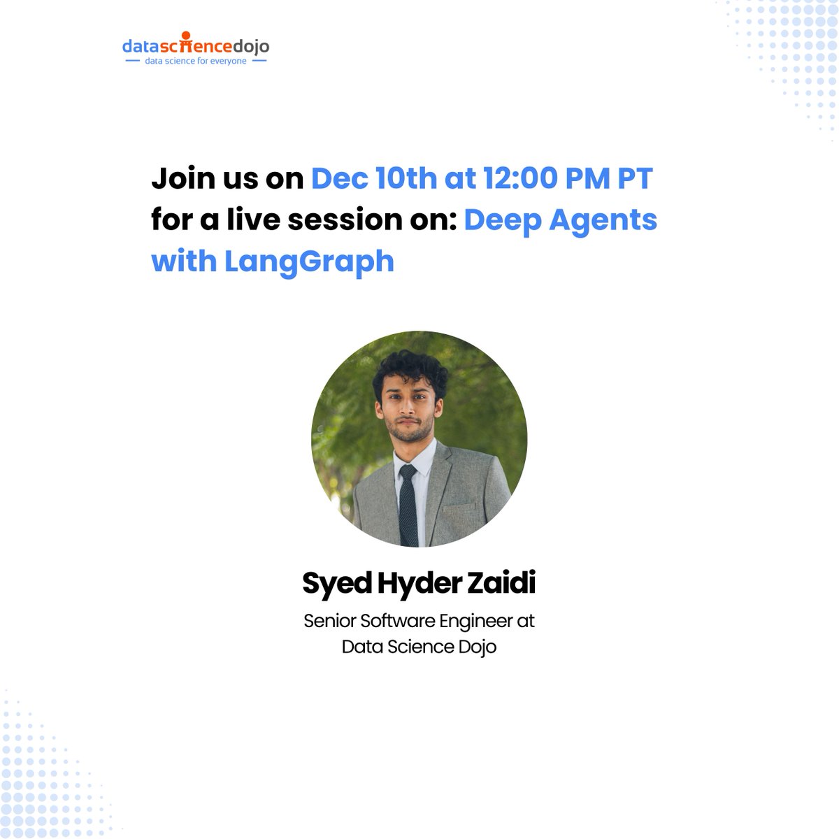 DataScienceDojo's tweet image. 🚀 Get Ready for Our Upcoming Webinar: Deep Agents with LangGraph - From Planning to Persistent Reasoning 🧠

Join Syed Hyder Zaidi, Senior Software Engineer at Data Science Dojo, for an in-depth session on building Deep Agents - the next evolution of AI systems that plan,…