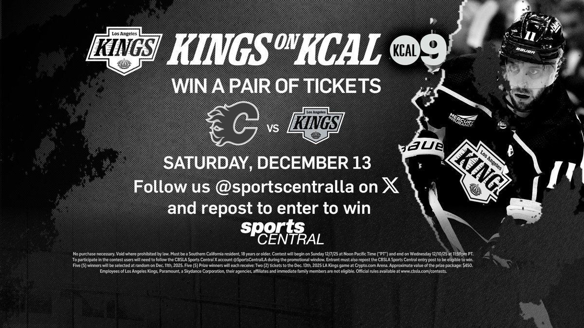 🚨LAST 2025 Kings Ticket Giveaway🚨

The Kings are on KCAL one last time in '25, so FIVE winners will get a pair of tix to Kings vs. Flames on Sat. Dec. 13th at Crypto

Just repost this &amp; follow us on X to enter
Contest ends Wed. at 11:59pm

#GKG

Rules: cbsnews.com/losangeles/new…