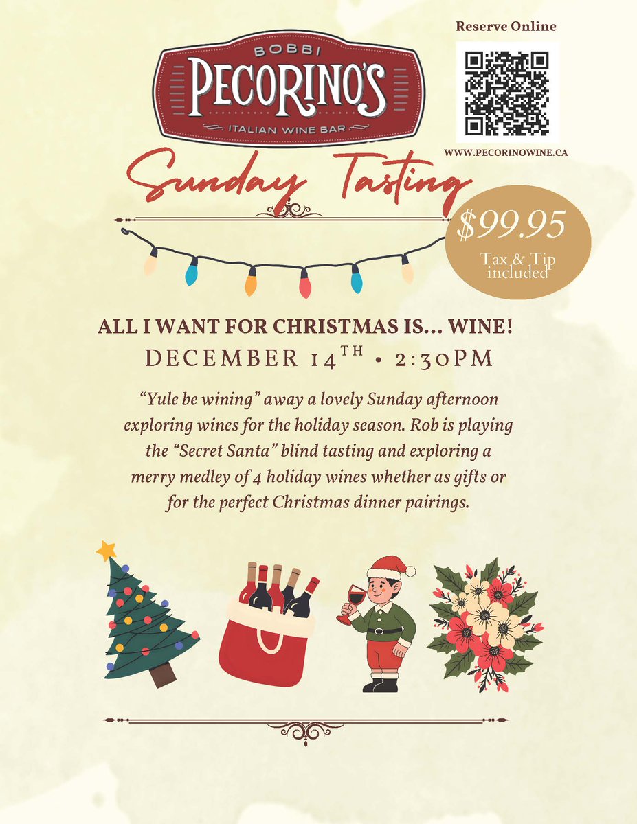 A great way to plan your holiday table or to get a gift idea: A blind wine tasting for Christmas hosted by Rob Elvy at Bobbi Pecorino's on December 14th. Book Event loom.ly/TYqTqV0