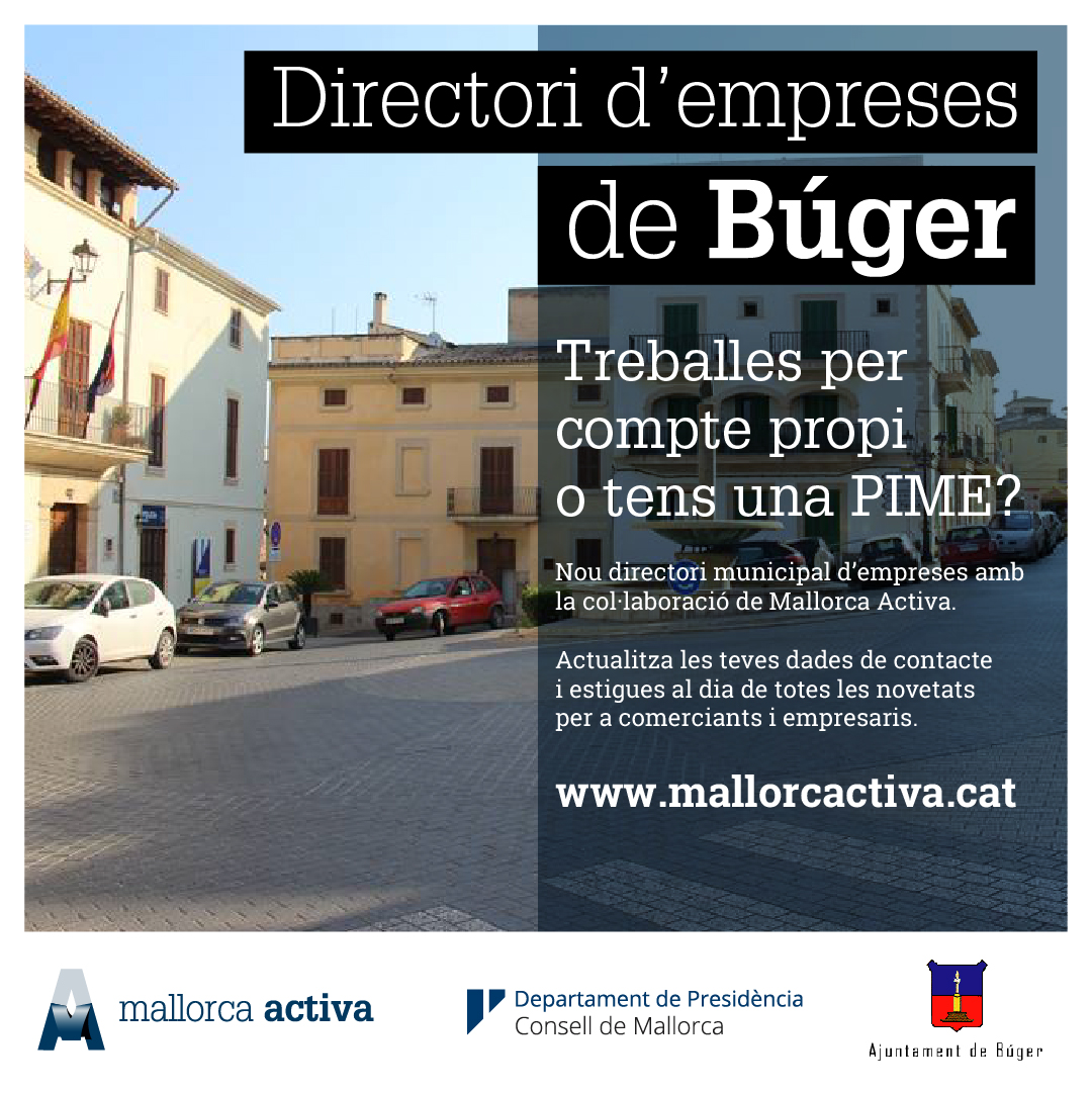MallorcActiva_'s tweet image. ☕️ Saps quantes cafeteries hi ha a #Búger? 

🥦 I supermercats?

🤔 El directori d'empreses de #MallorcaActiva ho sap!

🖇 Apunta’t gratuïtament al directori per millorar la teva imatge digital👇
bit.ly/MallorcaEmpresa

#Comerç #Empresa #Emprenedoria
