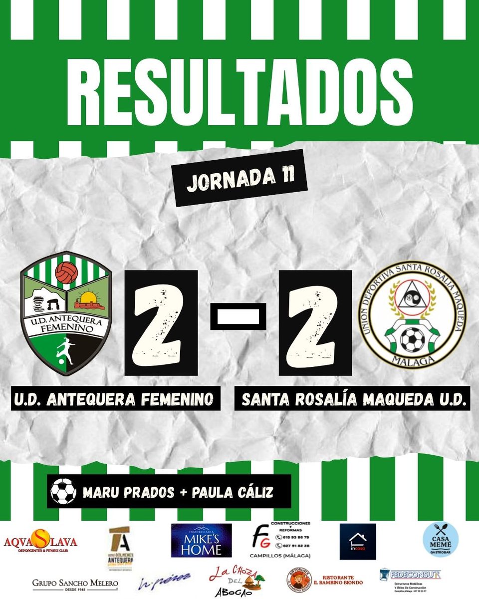 🔥 Resultado SENIOR:

¡Empate! Un partido muy trompicado y sin mucho juego aunque sí intenso que el equipo ha intentado ganar pero se consigue un punto valioso 💪🏼

#UDAntequeraFem 2-2 #StaRosaliaMaqueda

✅ +1 pto

#LucharJugarYGanar💚🤍