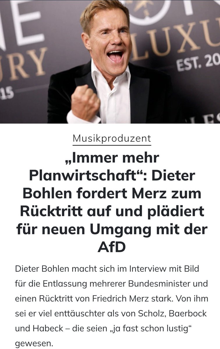LilitThyra's tweet image. Dieter Bohlen teilt aus!

Er fordert Merz zum Rücktritt auf und plädiert für neuen Umgang mit der AfD

&quot;Statt einer Regierung gibt es eine Blockierung!&quot;

Er wird mir immer sympathischer!

apollo-news.net