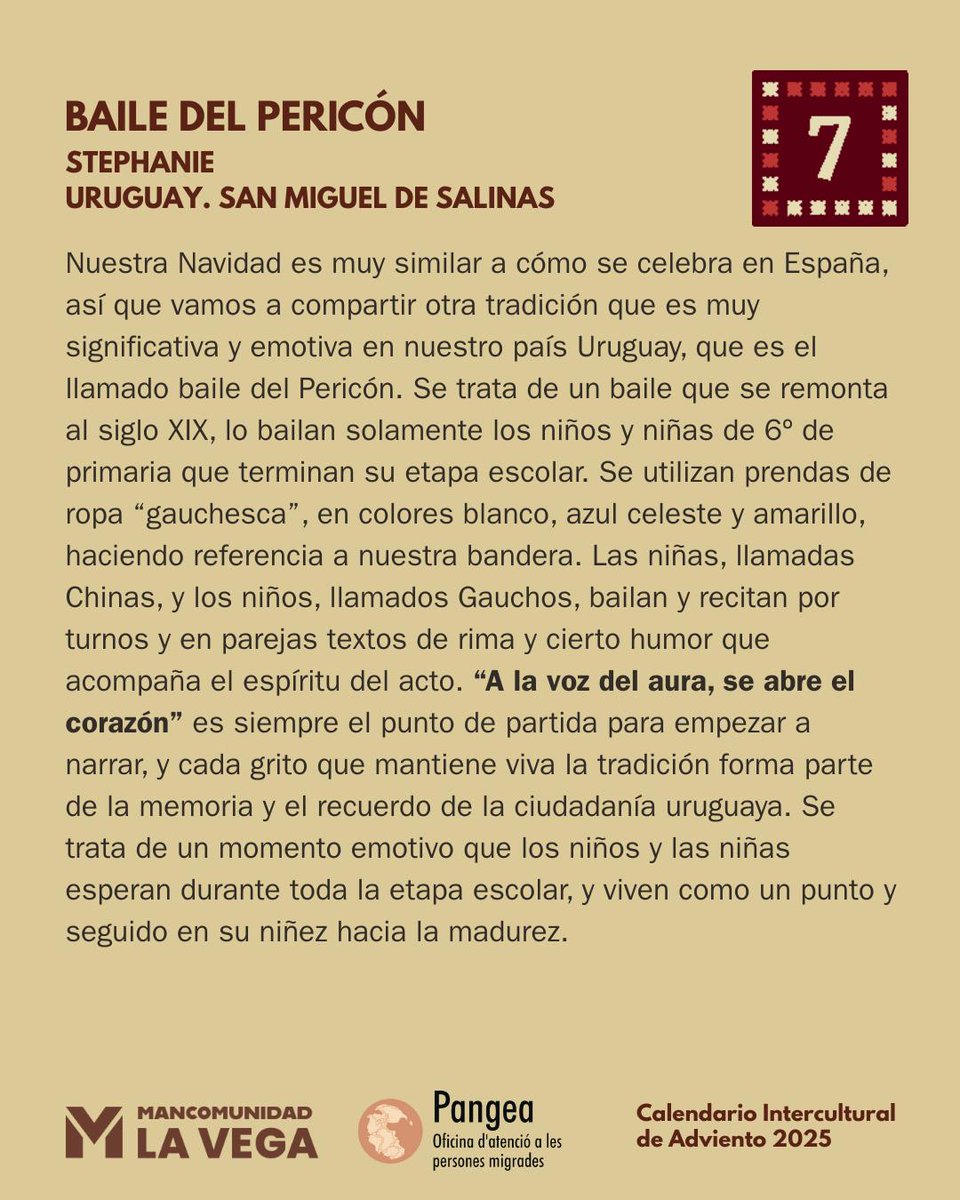 🗓 Día 7: Stephanie y su hijo, vecinos de San Miguel de Salinas comparten una tradición muy significativa de Uruguay 🇺🇾el Baile del Pericón, un rito muy especial que simboliza la transición de la etapa de infancia a la juventud 🫂