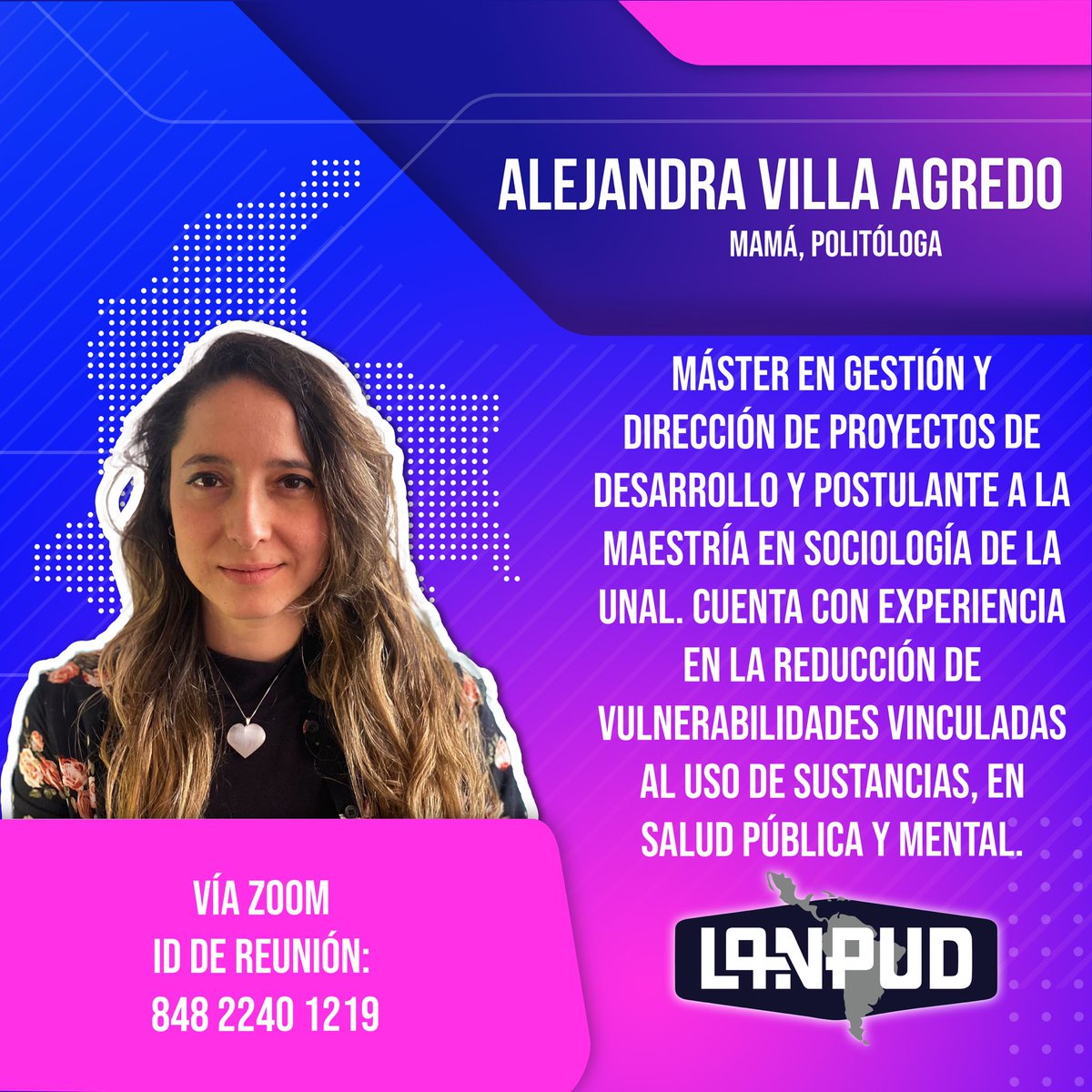 LANPUD1's tweet photo. En nuestro próximo webinar conectamos ciencia, educación y activismo de personas que usan drogas para una conversación urgente en Colombia 🇨🇴 y la región. !Unete!

🗓 Lunes 8 de diciembre
⏰ 16:30 (Col)
🔗 ID Zoom: 848 2240 1219

Déjanos tus preguntas para el panel. https://t.co/Lt7ABM9Cq7