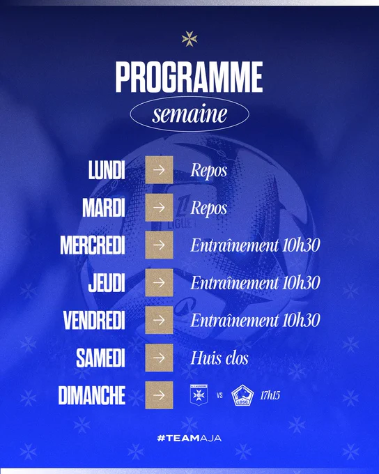 🗓️ 𝐋𝐞 𝐩𝐫𝐨𝐠𝐫𝐚𝐦𝐦𝐞 𝐝𝐞 𝐥𝐚 𝐬𝐞𝐦𝐚𝐢𝐧𝐞 🏃‍♂️ Reprise de l'entraînement mercredi pour préparer la réception de Lille 🏠 #TeamAJA