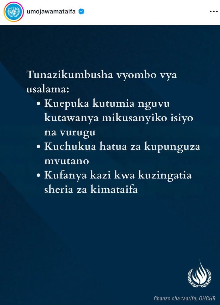 Ujumbe wa Umoja wa Mataifa kwa Tanzania kuelekea D9

Kabla ya maandamano ya tarehe 9 Desemba, Ofisi ya #UmojawaMataifa ya Haki za Binadamu inawakumbusha viongozi kuhakikisha haki za kujieleza, kukusanyika kwa amani na kujiunga katika makundi.

Tunawakumbusha vikosi vya usalama