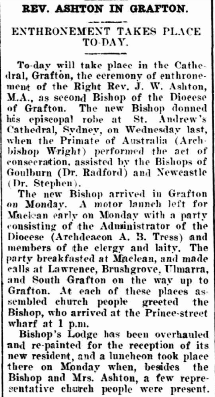 AustAnglican's tweet photo. 7 December 1921: the Rt Revd John William Ashton (1866-1964) installed and enthroned at Christ Church Cathedral as second Bishop of Grafton #anglican @GraftonDiocese #104years A motor launch fetched the new bishop from Maclean; thence followed a stately progress up the Clarence! https://t.co/TMOt1nq96d