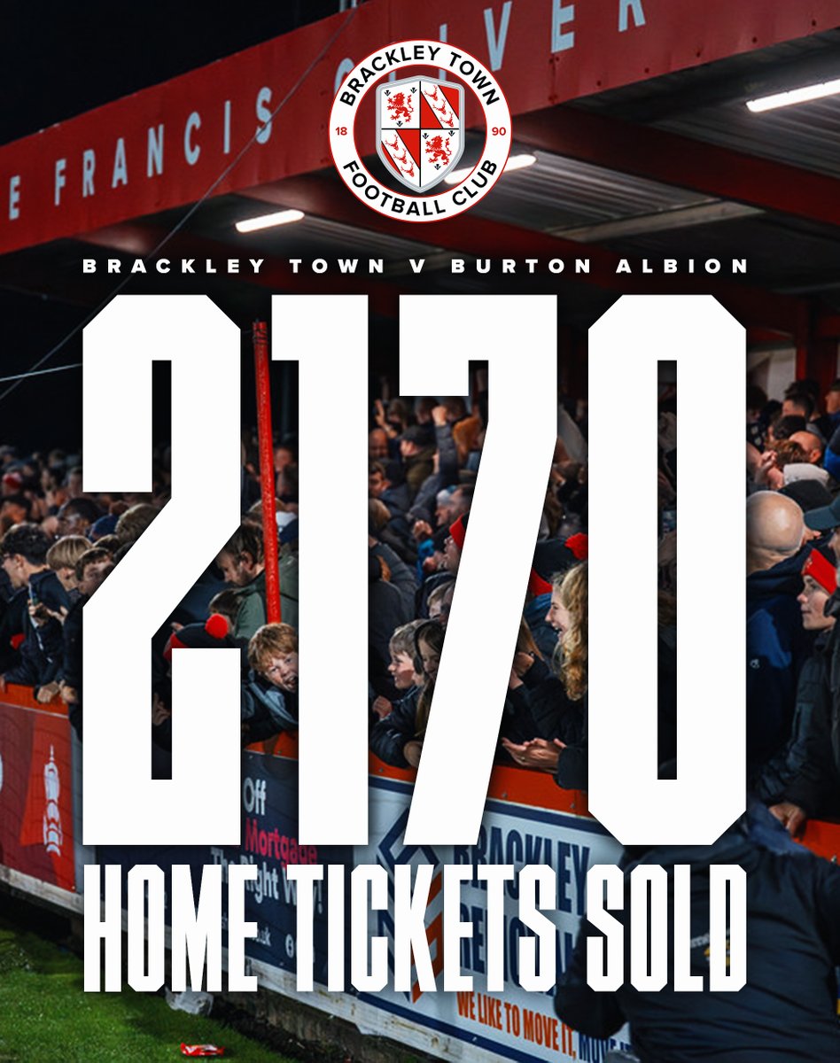🚨 TOMORROW

We’ve now sold 2,170 home tickets for the visit of Burton Albion tomorrow night, that’s over 13% of the population of our town heading to St James Park! 👏

🎟️ Just 120 tickets remain
Can we have a home end sell out? 
➡️ shorturl.at/APUrx

#WeAreBrackley 🔴⚪️