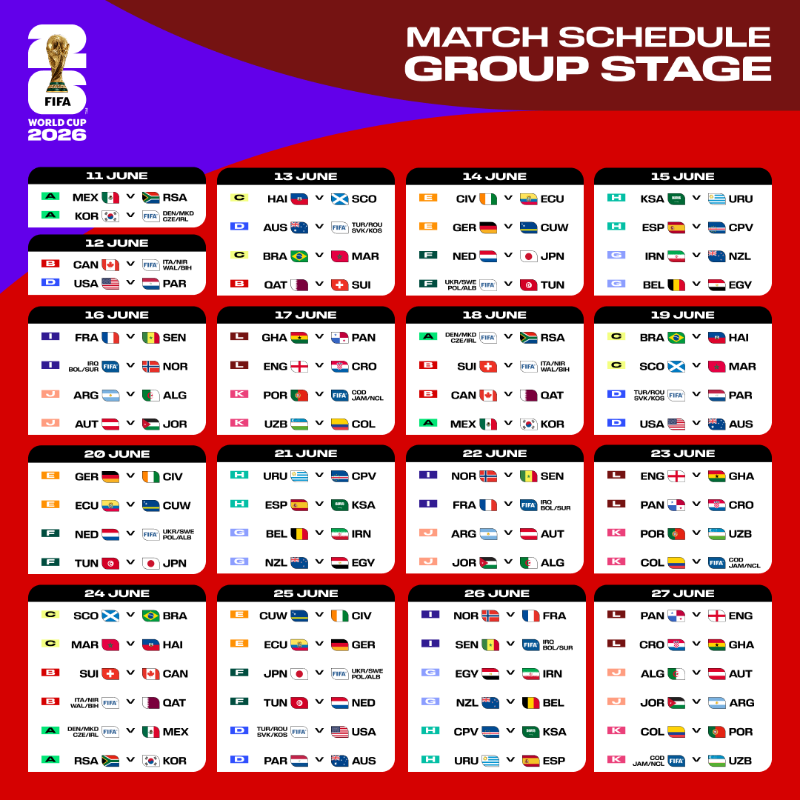 FIFAWorldCup's tweet photo. Clear your calendar. The world’s biggest stage is set. 🏟️ 

Explore the full match schedule, including kick-off times and stadiums, on https://t.co/zJTWWlwshQ.