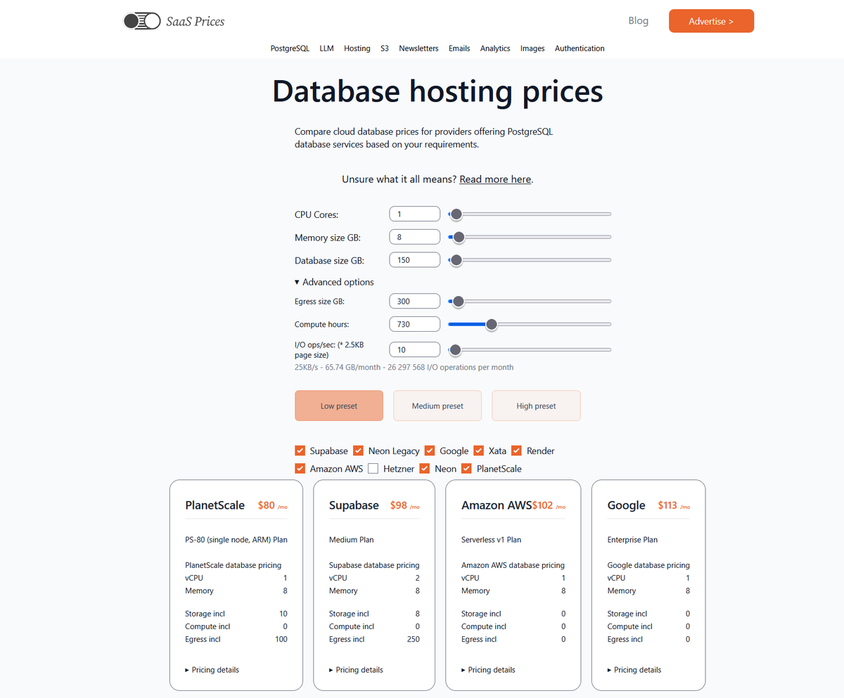TheBuildLog's tweet photo. Added @PlanetScale PostgreSQL to SaaSPrices Calculator

Looks like we have a new strong contender, they have nice prices for storage and egress and comes in as the cheapest option for some use cases! https://t.co/WkWkbGmPY8