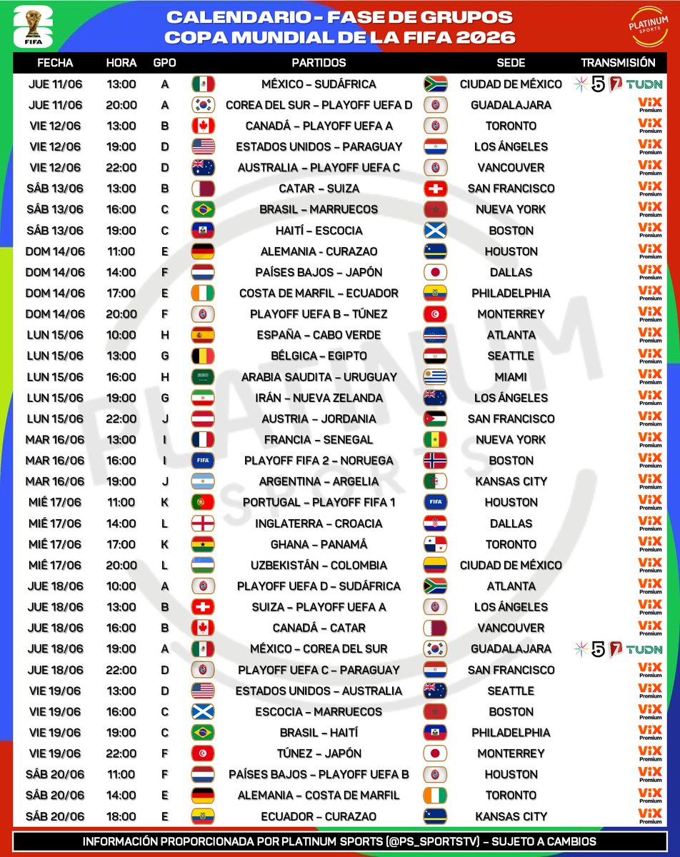 PlatinumSportMX's tweet image. ¡CALENDARIO DEL MUNDIAL 2026!

⚽️ #AgendaPLATINUM 
🗓️ Calendario de la Copa Mundial de la FIFA 2026 🇨🇦🇲🇽🇺🇸

📺 Por confirmar el resto de partidos por TV Abierta.
⏰ Horarios del Centro de México (CDMX).
⚠️ Sujeto a cambios. 

🔄 Favor de compartir y reaccionar ❤️