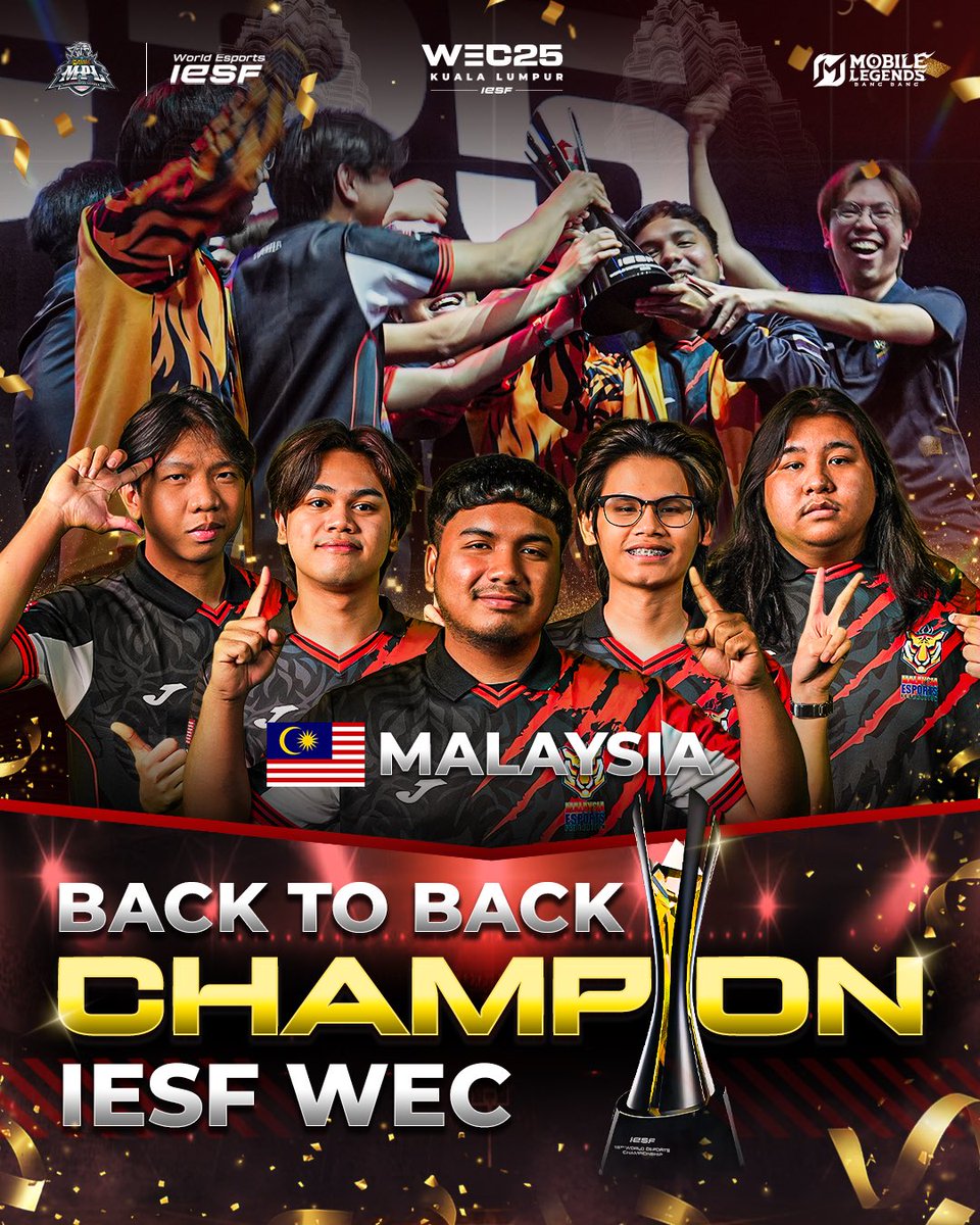 mplmyofficial's tweet photo. IESF Men: Satu lagi sejarah tercipta! Pasukan lelaki MLBB Malaysia berjaya merangkul gelaran Juara IESF WEC 2025 selepas kemenangan meyakinkan di Grand Finals menentang Kemboja. https://t.co/kgfRbiEIls