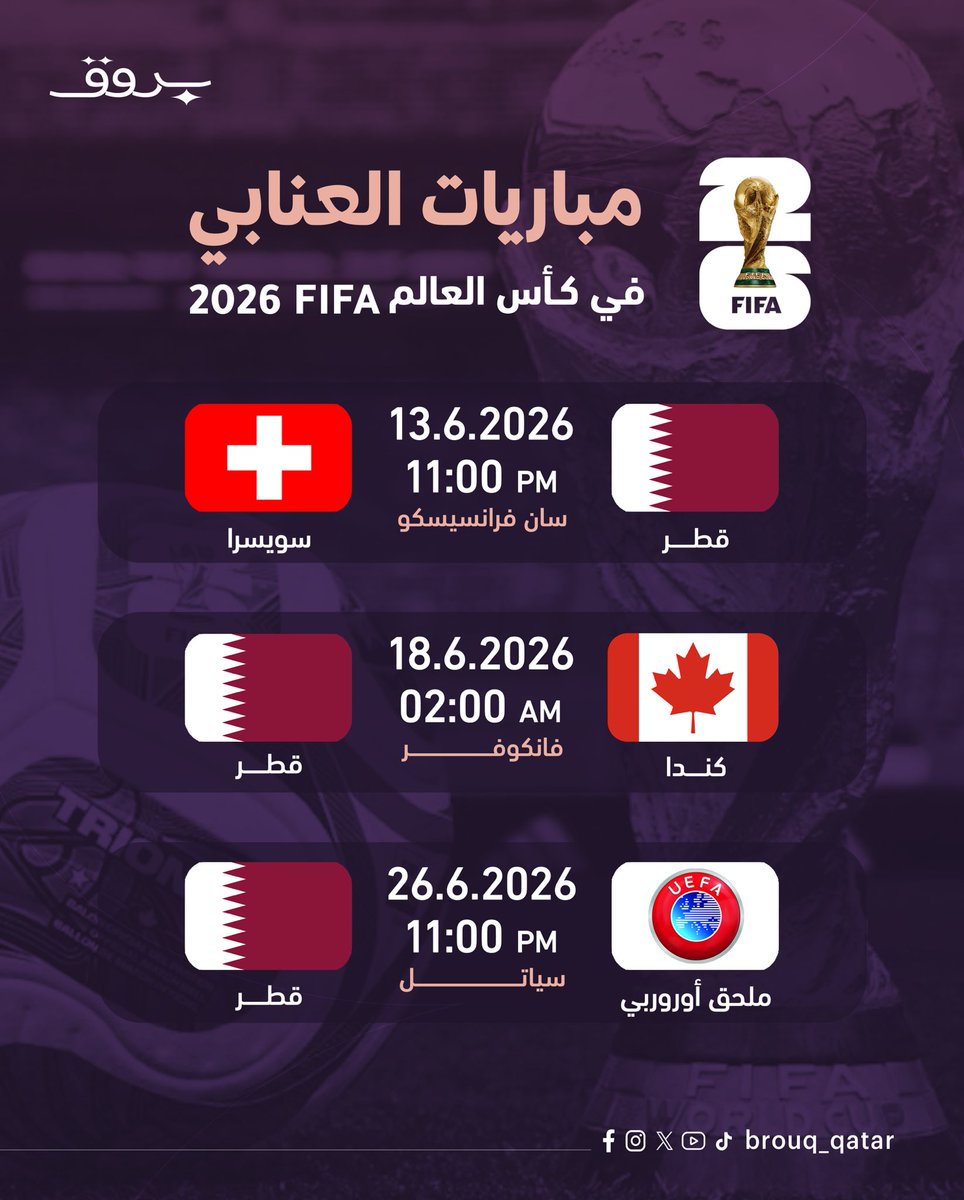 تعرف على مواعيد مباريات العنابي في كأس العالم لكرة القدم 2026 
#قطر #بروق #كأس_العالم