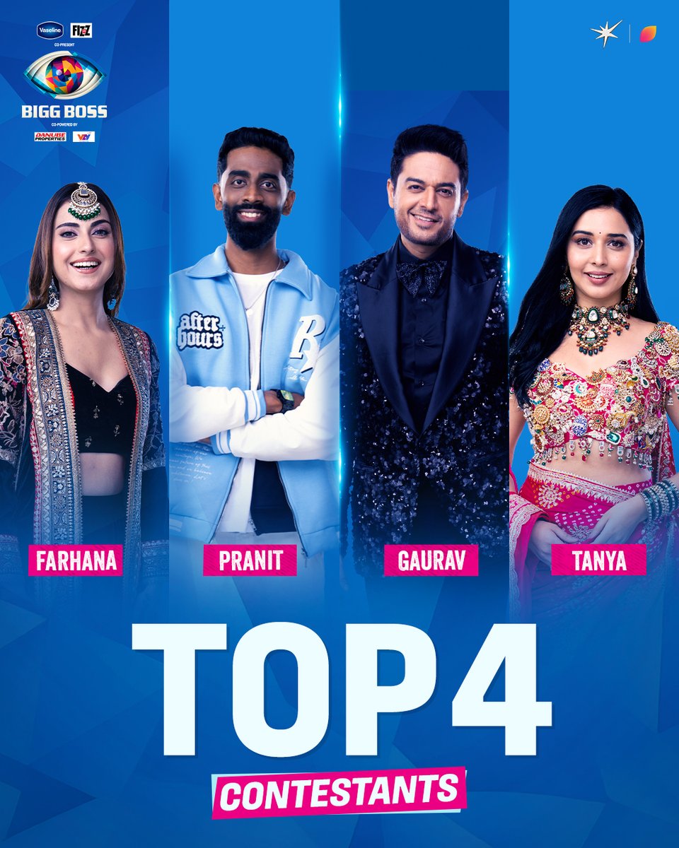 JioHotstar's tweet image. Chaar kahaniyan, chaar journeys- Presenting our TOP 4 finalists of Bigg Boss 19 ✨

Dekhiye #BiggBoss19 ka Grand Finale, abhi on #JioHotstar aur #ColorsTv par!

#BiggBossOnJioHotstar #BB19OnJioHotstar