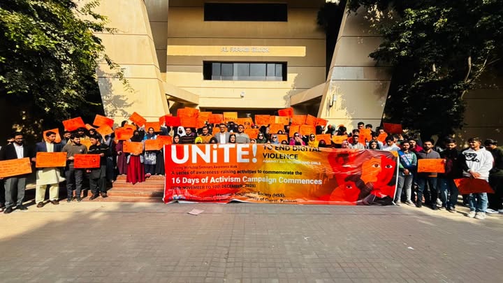 The Hayatian Sociological Society, Department of Sociology, University of Gujrat, organized an awareness walk on December 4, 2025, to promote the global theme “UNiTE to End Digital Violence against All Women and Girls.” The event, held as part of the 16 Days of Activism Campaign