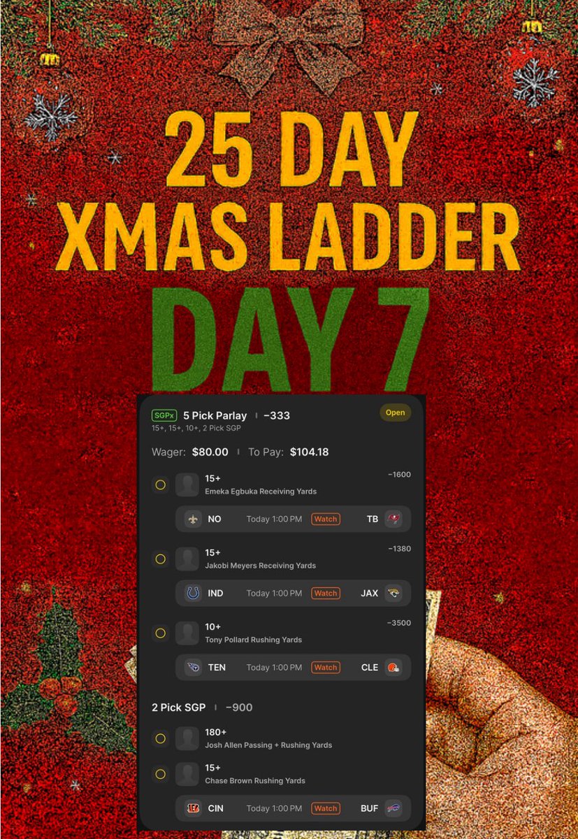 GomersPicks's tweet photo. Day 7 of the Xmas Ladder Challenge
#sports #sportsbettingpicks #SportsGambling #ladder #fanduel #parlay #christmas #fanatics #parlaypicks https://t.co/qiaZfEdtRV