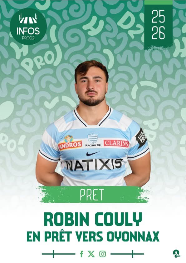 Robin Couly (Racing 92 - 21 ans - Talonneur) arrive en prêt à Oyonnax jusqu’à la fin de la saison.

oyonnaxrugby.com/robin-couly-ar…