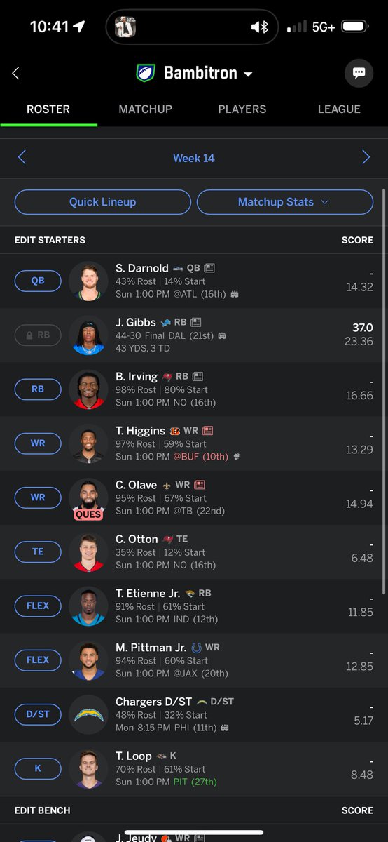 AlecJL's tweet photo. I’ve got to win this week to make playoffs but I can’t decide if I should start Pittman or Jakobi , someone help please @jkbmyrs5 https://t.co/9zhpRW95VJ