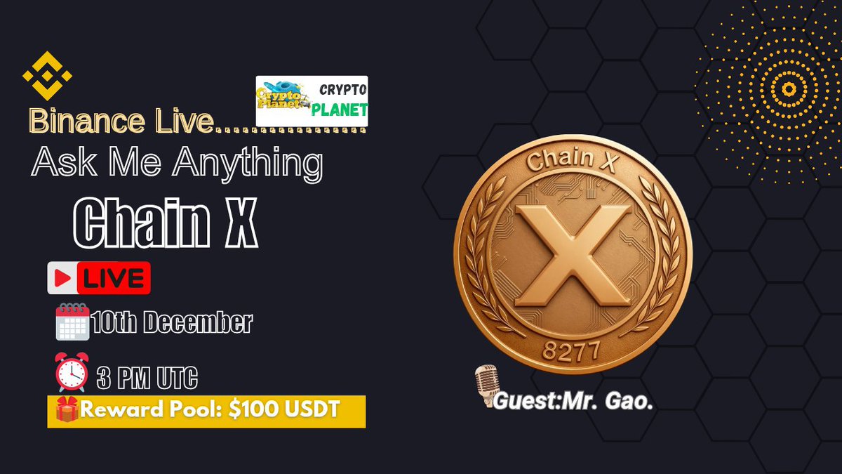 📢 We're thrilled to announce our next #BinanceLive #AMA with "Chain X"

❖ 𝗕 𝗜 𝗡 𝗔 𝗡 𝗖 𝗘  𝗟 𝗜 𝗩 𝗘

∎ Rewards: $100 USDT
∎ Date: 11th December, 2025 
∎ Time: 3:00 PM UTC
∎ Venue:binance.com/en/live/u/4326…
❏ Follow 
<a href="/CryptoPlanet0/">Crypto Planet</a>
&amp; 
<a href="/ChainXGlobal/">ChainX Global</a>

❏ Like,Repost &amp;