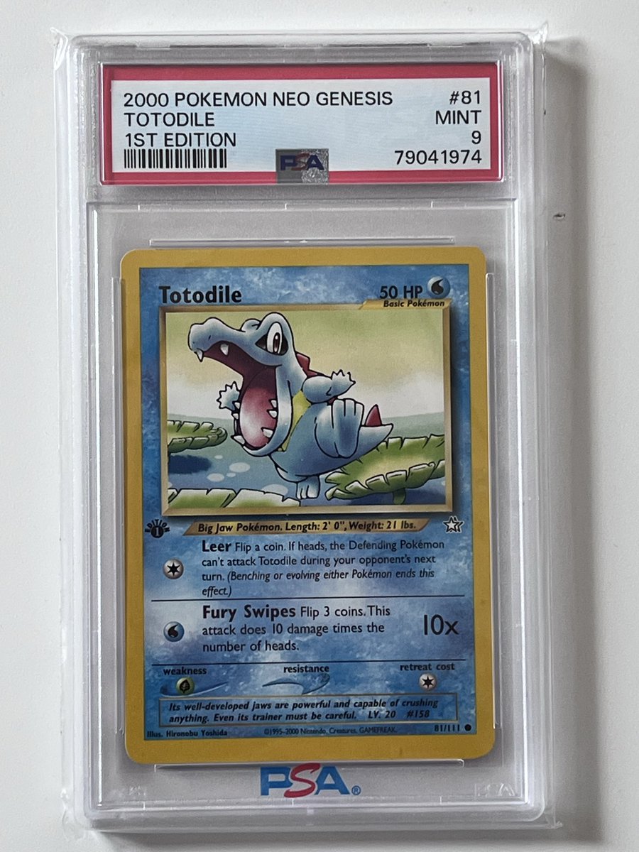 totodile_king's tweet image. So close to my first 1k followers! As a thank you to everyone supporting my weird journey I’ll be giving away a PSA 9 Neo Genesis Totodile 1st Edition. Excited to spread the love!

To be entered please be following and drop a retweet, will announce the winner at 7pm EST tonight!