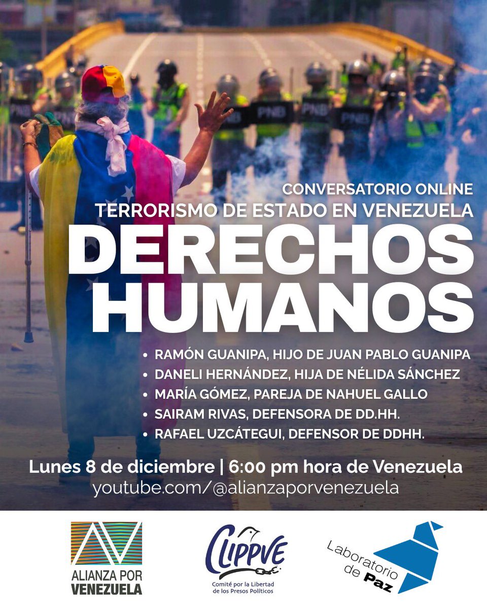 📢 Conversatorio Online: Terrorismo de Estado en Venezuela y Derechos Humanos

Con <a href="/SairamRivas/">Sairam Rivas</a>, <a href="/fanzinero/">Rafael Uzcátegui</a> y los familiares de presos políticos <a href="/Raydio_/">Ramón Guanipa</a>, <a href="/gg_alexand95764/">Maria alexandra Gomez</a> y <a href="/Danelihs/">Deneli Gabriela Hernandez</a>.

🗓 Lunes 8 de diciembre  
🕕 6:00 pm hora 🇻🇪

🎥 Transmisión en vivo: youtube.com/live/SNC5VkLmK…