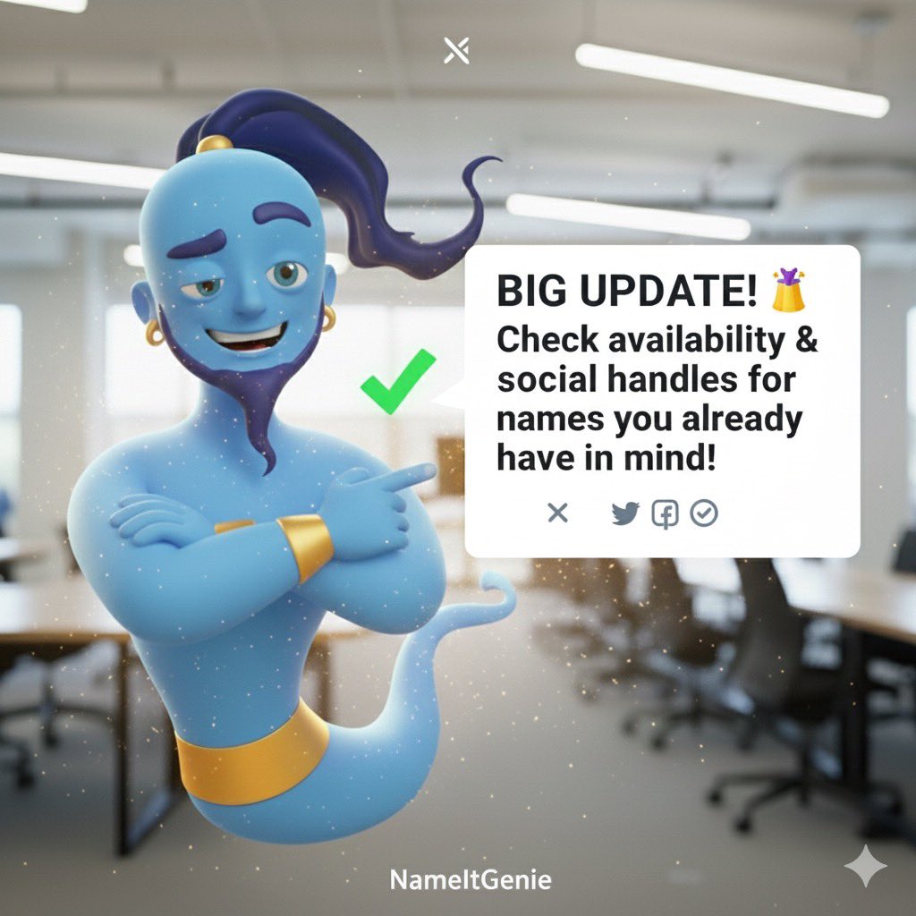 nameitgenie's tweet image. Have a name for your app saas or brand in mind you don’t have to go through the headache of opening 10 sites to see if it’s available pop that name into name it genie and get instant results