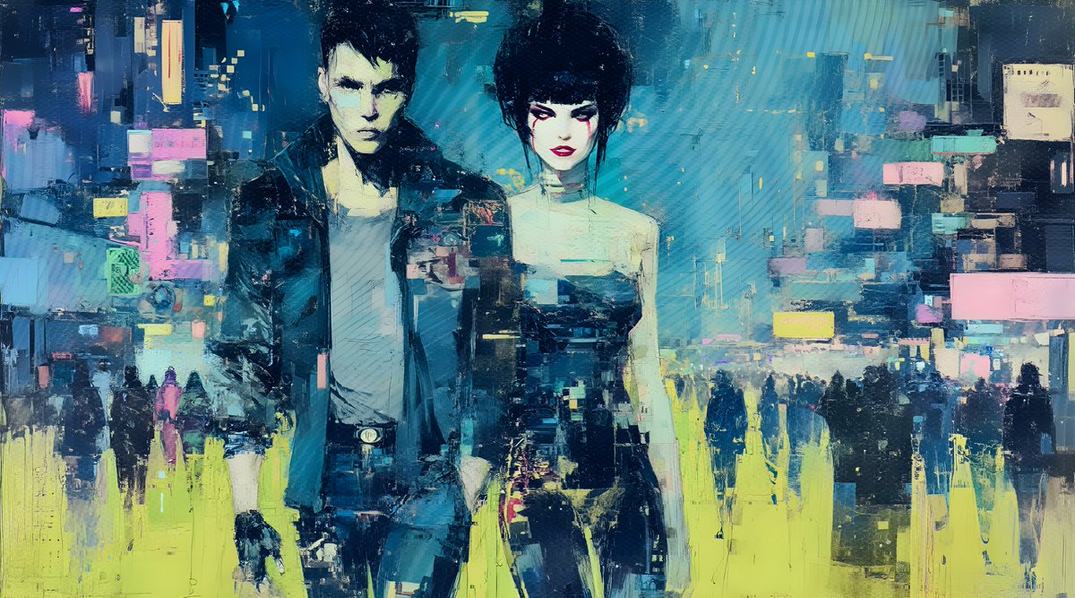 JadeFalcon27's tweet image. Console Cowboys - Case and Molly emerge from the neon-soaked streets of Chiba City in this cyberpunk tribute to William Gibson's Neuromancer. 2 outlaws in a world where chrome meets consciousness and data is the ultimate drug.
#cyberpunk #neuromancer #williamgibson #digitalart
