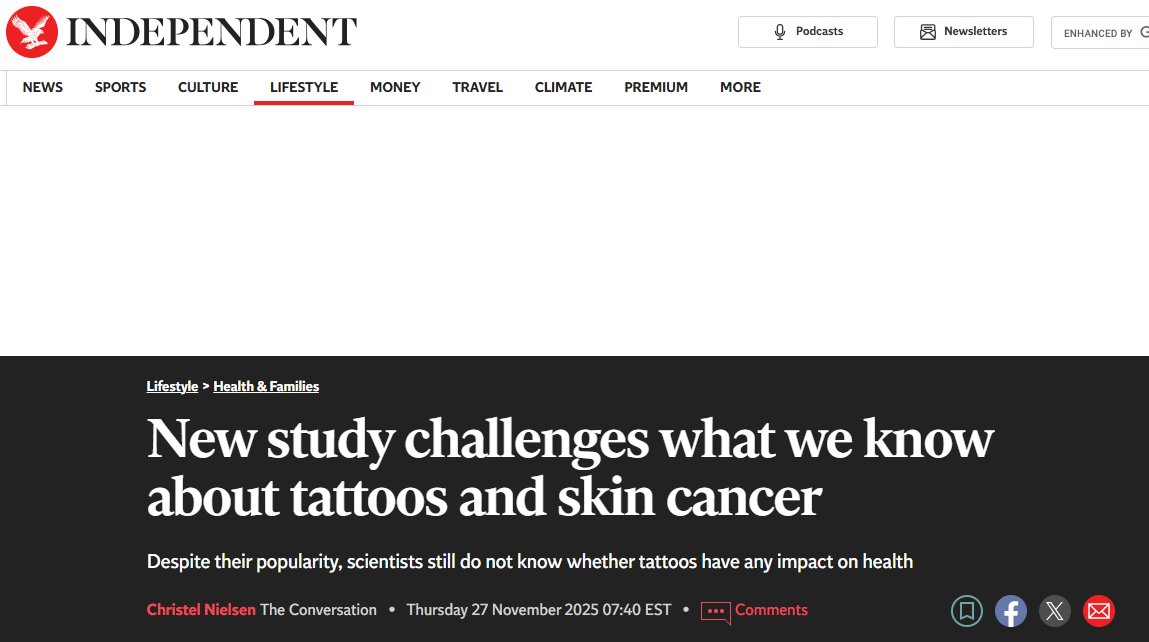 New study says tattoos increase your risk of skin cancer.

Gee where have you heard that before?

"We found that people with tattoos had a 29% higher risk of developing melanoma..."