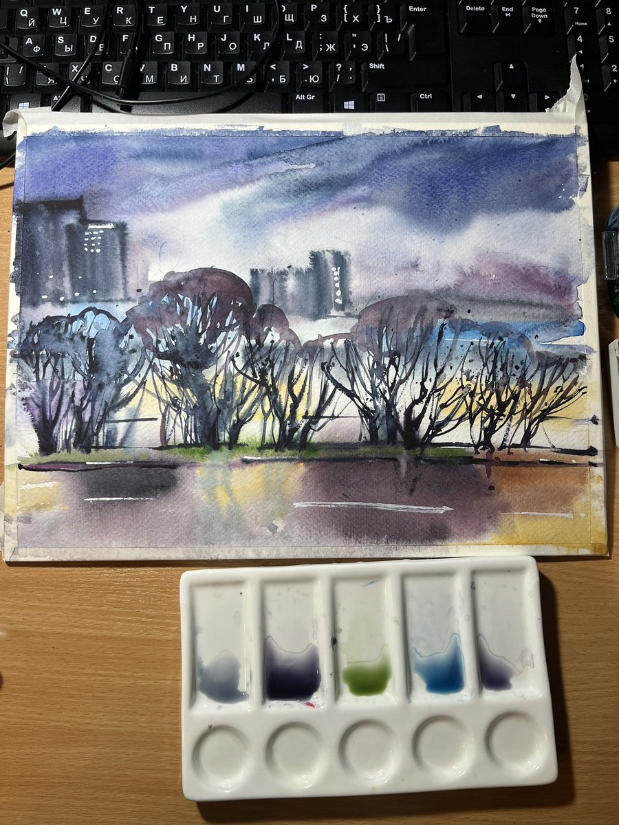 amelinakate's tweet photo. This painting is based on a photo I took during an evening walk. I added a bit of imagination and let the scene evolve on paper. 🖌️✨
Sometimes reality just needs a little dream.
#WatercolorArt #UrbanSketch #EveningVibes #ArtistLife https://t.co/XJwq3jDmbw