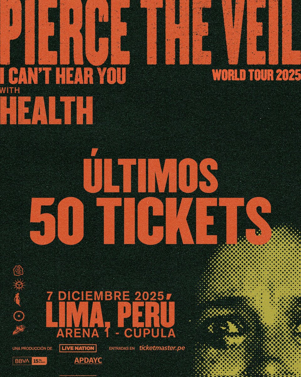 ¡ÚLTIMAS 50 ENTRADAS! <a href="/piercetheveil/">Pierce The Veil</a> &amp; <a href="/_HEALTH_/">HEALTH</a> esta noche en Arena 1 - La Cúpula

🎟️ <a href="/TicketmasterPE/">Ticketmaster Perú</a>: ticketmaster.pe/event/pierce-t…