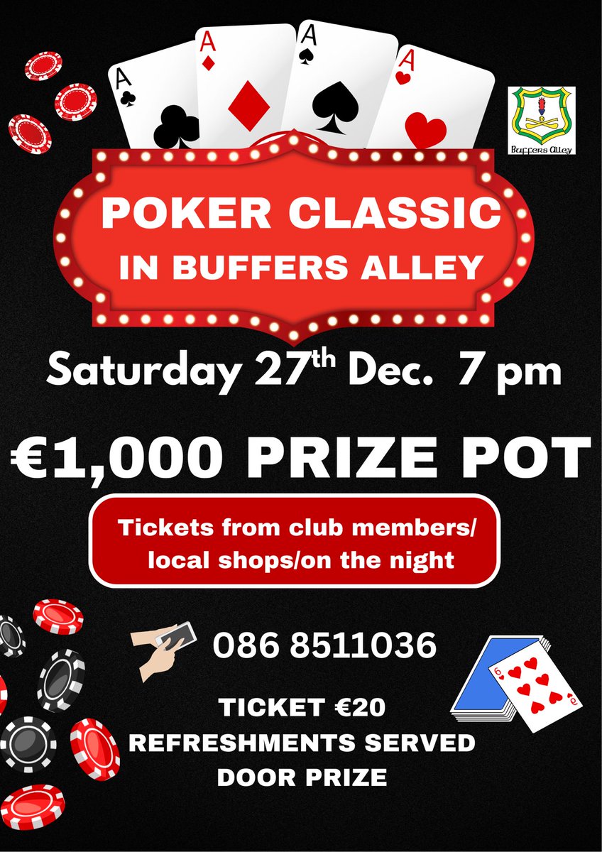 buffersalley's tweet photo. Get ready to shuffle at the Buffers Alley Poker Classic

This year the Buffers Alley Poker Classic will take place on Sa 27th Dec. At the earlier time of 7pm. It will feature a wide array of exciting games and prize opportunities, including a guaranteed prize pot of €1,000. https://t.co/Cy7bz1Qmsc