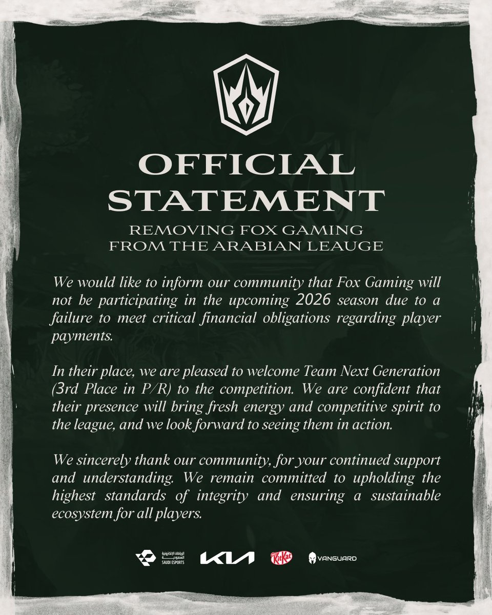 Sheep_Esports's tweet image. [OFFICIAL] The Arabian League 🇸🇦 announces the removal of Fox Gaming 🇲🇦 for the 2026 season due to failure to meet financial obligations regarding player payments.

NextGeneration Esports 🇪🇬 will take FOX's place in the league for the upcoming season.