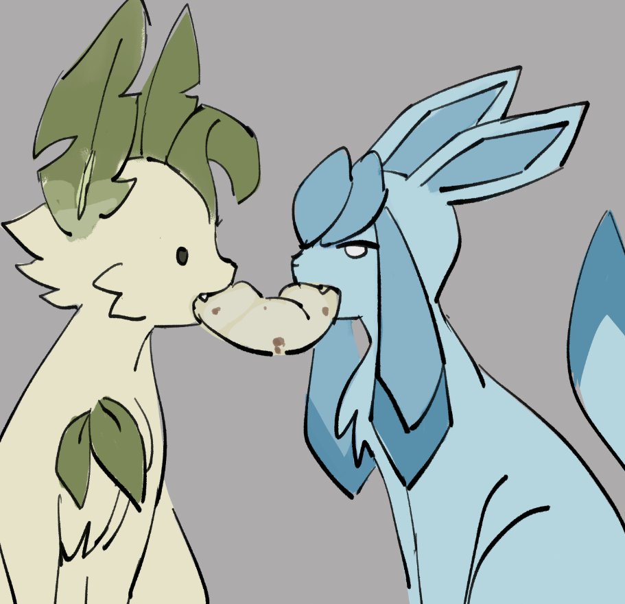 norsecatt's tweet image. romantic drawing of leafeon and glaceon eating a burrito