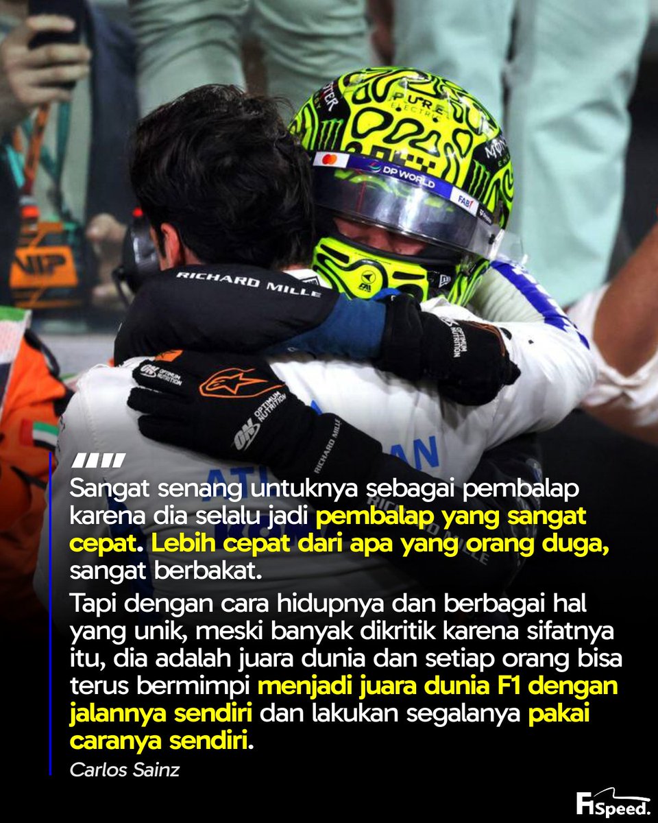 🚨 Carlos Sainz setelah balapan langsung mendatangi Lando Norris yang pernah jadi rekan setim semasa di McLaren, memberinya ucapan selamat karena berhasil raih juara dunia F1 pertamanya.

Sainz mengaku senang karena menurutnya Norris adalah pembalap yang sangat cepat. Tapi lebih
