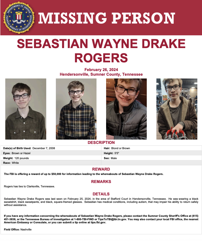 coyote_snugly's tweet photo. Today is Sebastian Rogers 17th birthday he was reported missing 2-26-24 . If you know where he is please call Sumner County Sheriff's Office at (615) 451-3838 or the Tennessee Bureau of Investigation at 1-800-TBI-FIND or TipsToTBI@tbi.tn.gov. FBI is offering a reward of up to 50k https://t.co/JV02ex83g4