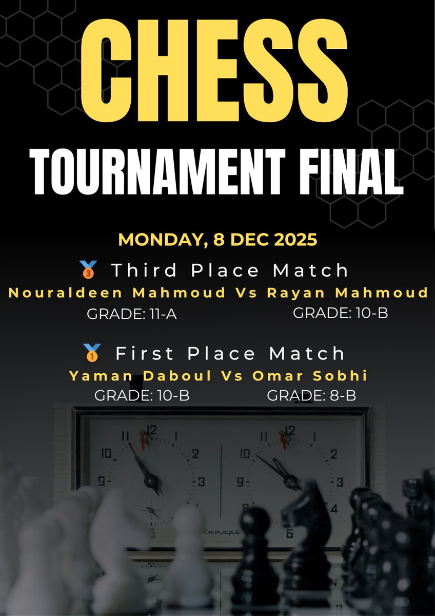 #صور |
♟️ نهائي بطولة الشطرنج 2025
يسرّ مجمع مدارس جيل الإبداع الإعلان عن إقامة المباريات النهائية لبطولة الشطرنج، والتي تجمع نخبة من طلابنا المتميزين في منافسات المركزين الأول والثالث.
نتمنى لجميع المشاركين التوفيق، مع شكرنا لهم على روحهم التنافسية وتمثيلهم النموذجي.