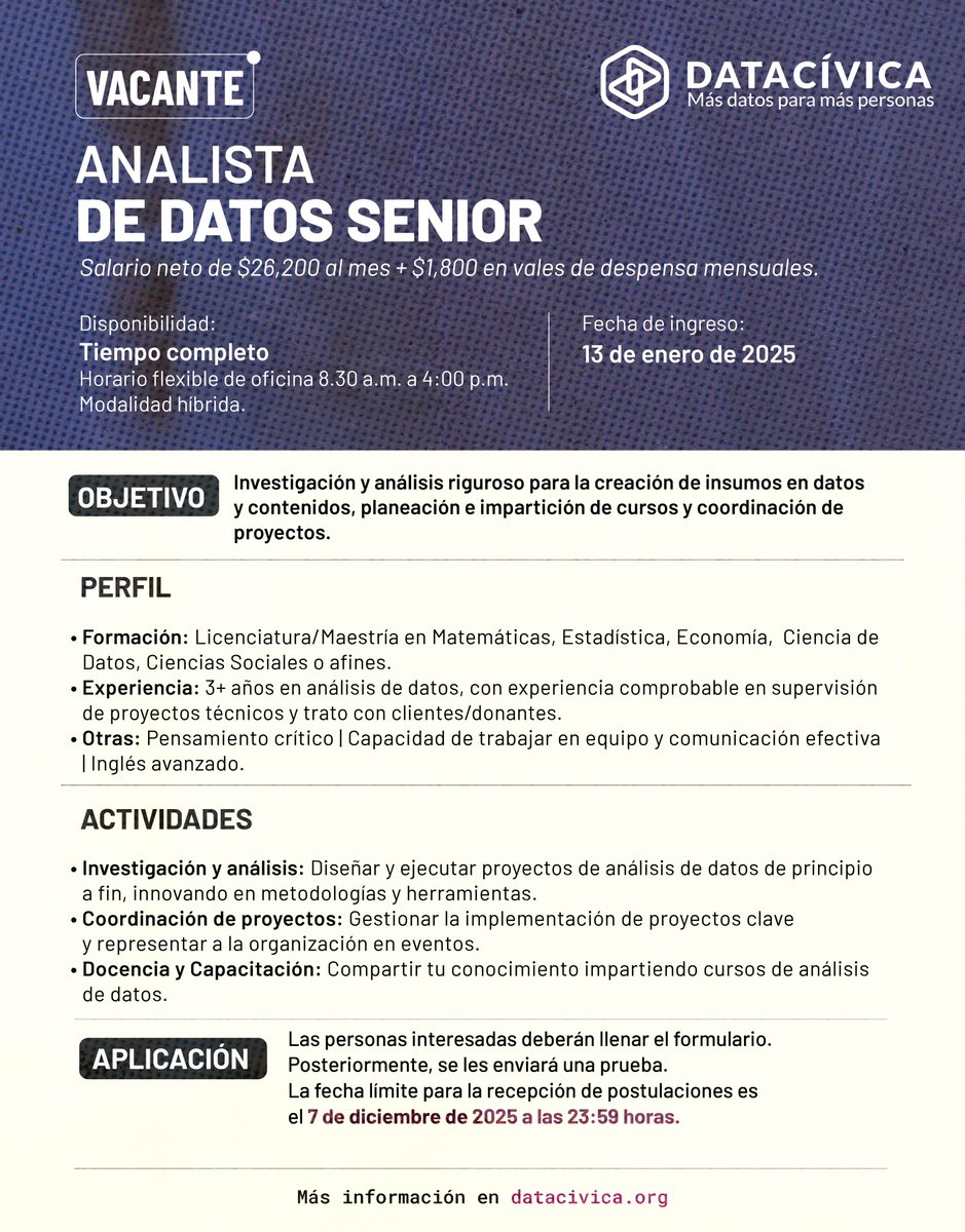 ⏰ ¡Última oportunidad para postular a nuestra vacante!

Si te apasiona el análisis de datos, los modelos estadísticos y lo derechos humanos, aplica ahora para ser parte de nuestro equipo 🔥.   

Conoce los requisitos completos aquí 👉 bit.ly/vacante-datos2…