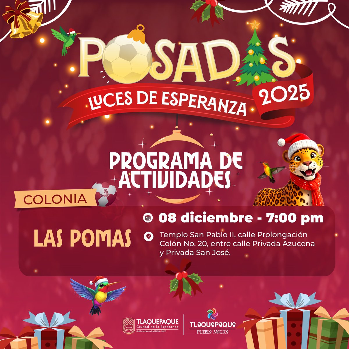 En San Pedro Tlaquepaque seguimos llevando la alegría de nuestras Posadas Luces de Esperanza a cada rincón. ✨

Esta vez nos reunimos en la colonia Las Pomas para compartir momentos llenos de tradición, música y convivencia. Gracias por ser parte de esta temporada tan especial.