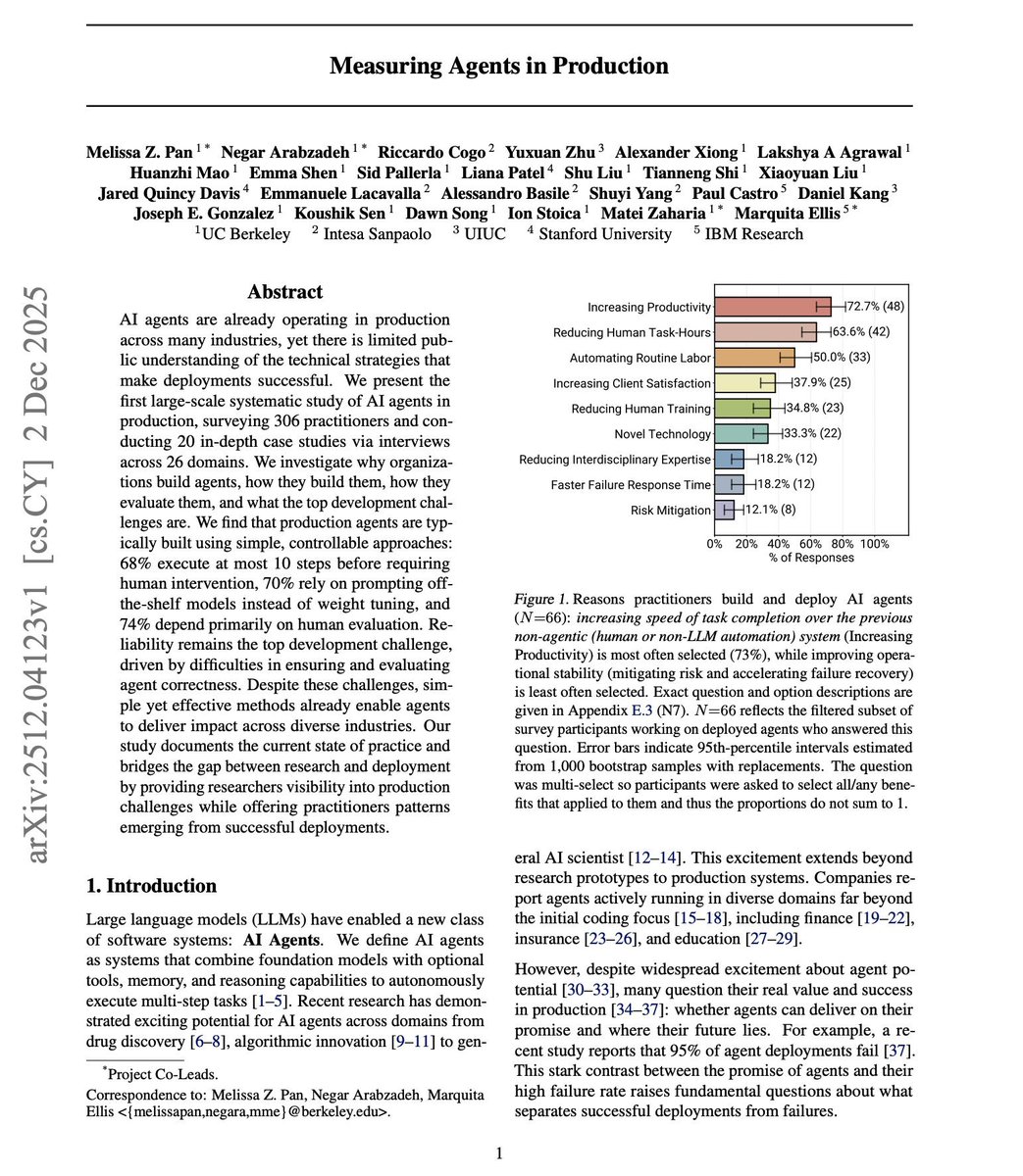 akashalpha_'s tweet image. Just in: Study on Agents in production DEBUNK 2025 as the &apos;year of the Agents&apos;.

Main take away paints a roster of Agents that cannot be trusted at scale resulting in agents that are simplistic w/ limited autonomy &amp;amp; humans to verify.

Maybe 2026 will be the year of the Agents.