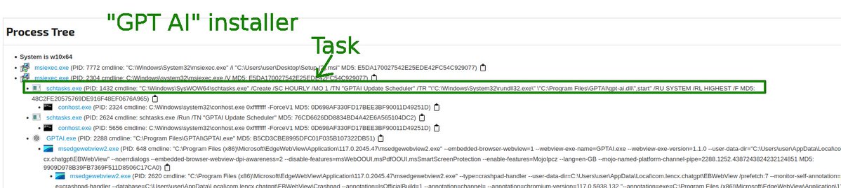 SquiblydooBlog's tweet image. Pretends to be a ChatGPT installer. Launches ChatGPT in a browser as it sets a scheduled task to execute "gpt-ai.dll" hourly.
 
Not completely sure what it is, but looks remarkably similar to a fake Notepad++ installer that MHT also tweeted about 9acbb1d7bdea949c3dc0014c00cbdf29