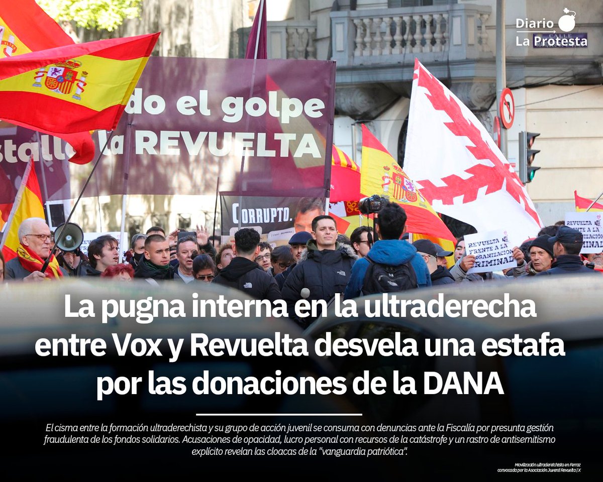 💥 Estalla la guerra interna entre #Vox y su grupo juvenil #Revuelta: denuncias ante Fiscalía por una presunta estafa con las donaciones de la DANA. Opacidad, posible lucro con fondos solidarios y un rastro de antisemitismo destapan las cloacas de la “vanguardia patriótica”.