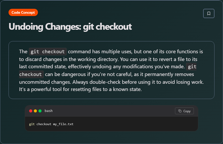 techielearns's tweet image. ✨ Undoing Changes: git checkout

#Git #VersionControl #DevOps #Collaboration #100DaysOfCode #DevLife