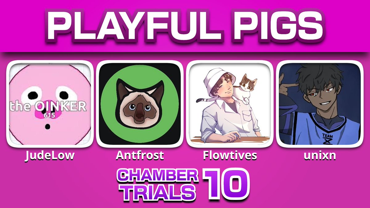 ChamberTrialsMC's tweet photo. Announcing the Playful Pigs! 

Consisting of @JudeLoww @Antfrost @flowtives @Unixnlol  

These farm animals will be farming points in Chamber Trials 10 on Sunday, December 21 at 2PM EST & 7PM BST